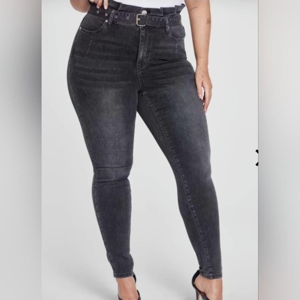 Fashion to Figure Ultra High Rise Paperbag Waist Belted Skinny Jeans size 14